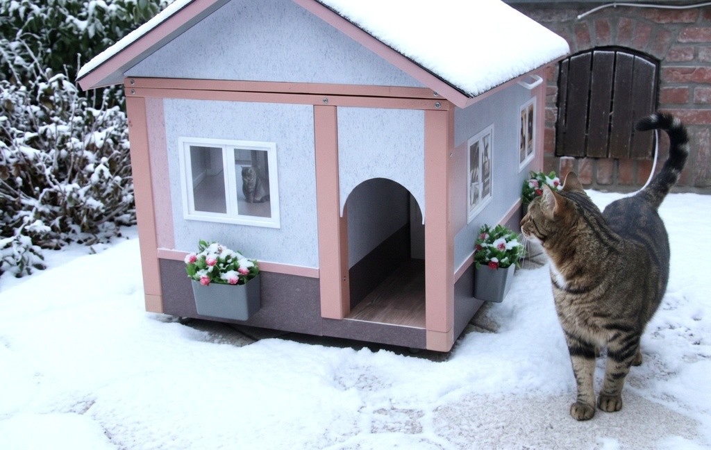 Le chat devant sa maison en hiver